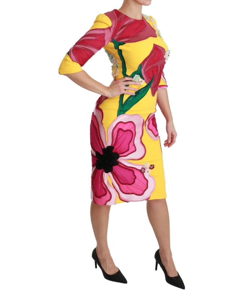 Dolce & Gabbana Women Yellow Floral Crystal Bodycon Sheath Dress Silk Viscose Acetate Elastane Yellow