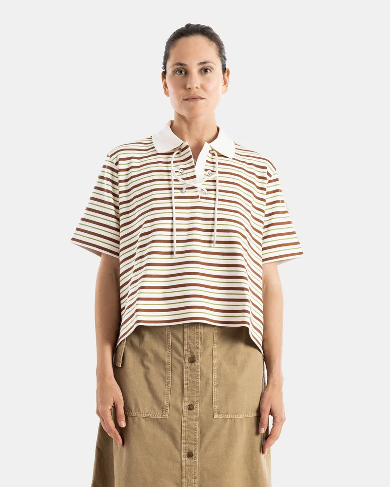 Moncler Women's Striped Cropped Polo With Laces Brown And Green T-Shirts Polos Brown