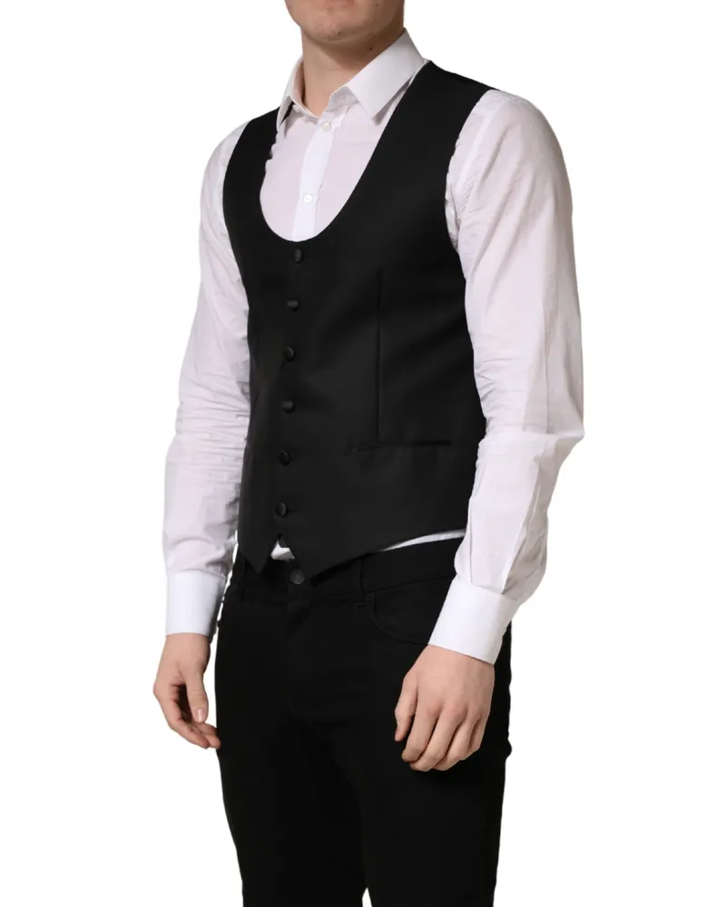 Dolce & Gabbana Men's Black Wool Single Breasted Waistcoat Vest Virgin Silk Polyester Clothing Black