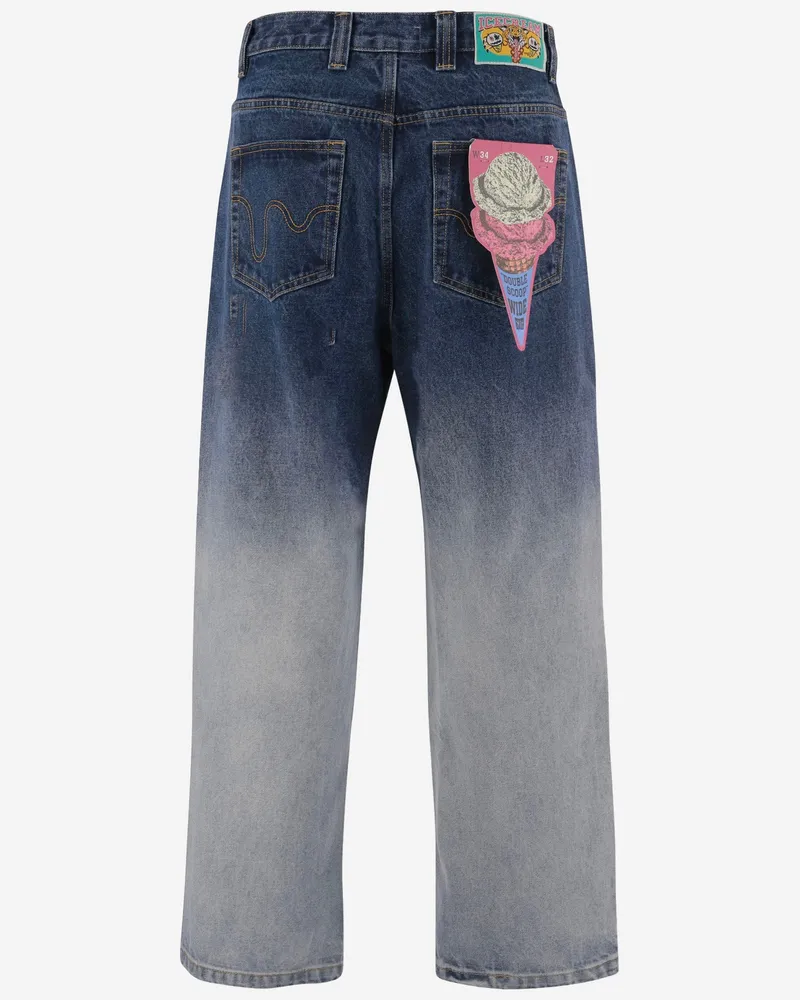 ICECREAM Men's Jeans With Ombré Wash And Graphic Print Denim Cotton Blue