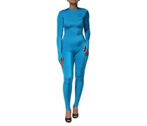 Nylon Crew Neck Bodycon Bodysuit — Blue
