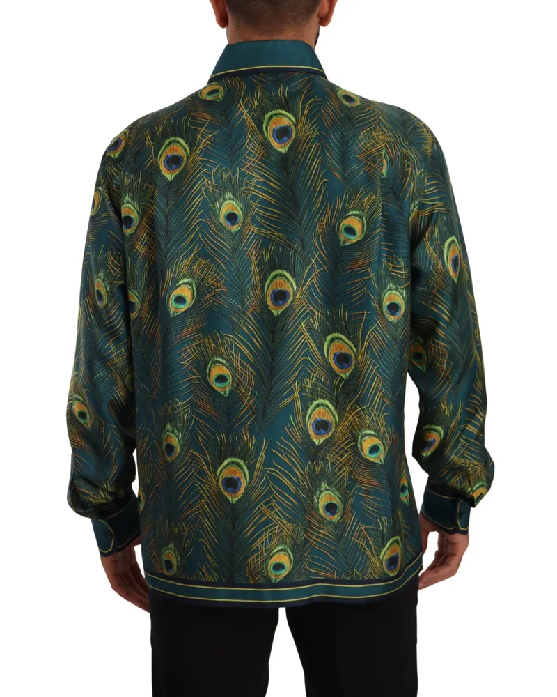 Dolce & Gabbana Peacock Feather Print Silk Pajama Mens Shirt Green