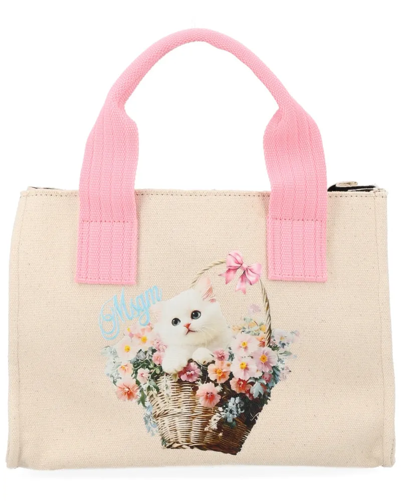 MSGM Women's Tote Bag With Print White Cotton Handbags Hand White
