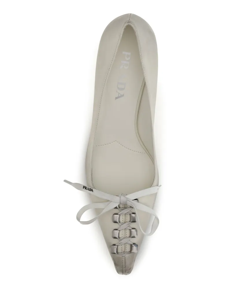 Prada Lace-Up Antique-Finish Leather Pumps — Beige Beige
