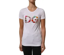 Women's White Dg Logo Embellished Round Neck T-Shirt Cotton