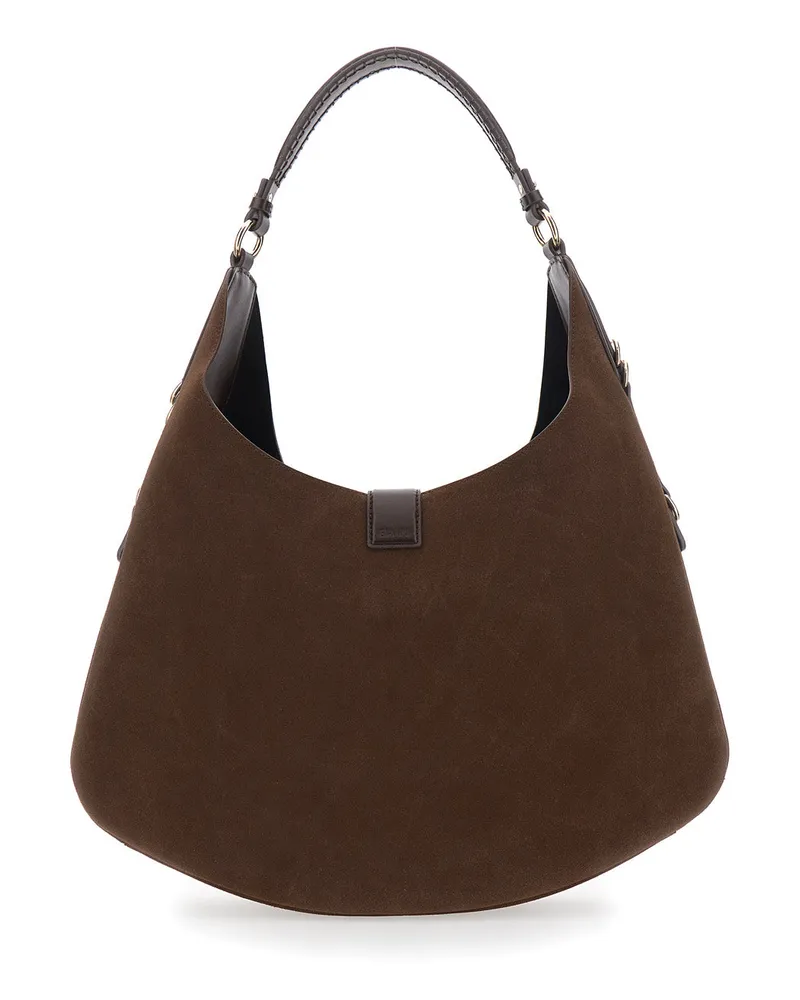 Ganni Women's Shoulder Bag Kat Brown Suede Leather Brown