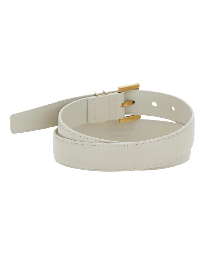 Saint Laurent Women's Belt With Logo Plate, White Leather Calf White