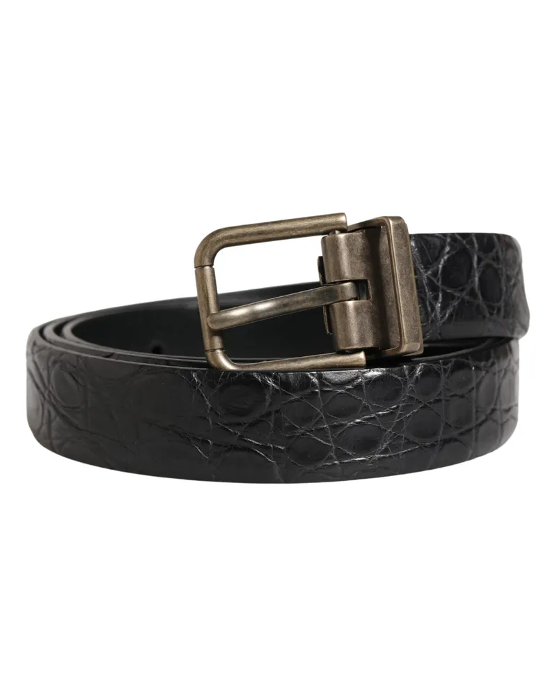Dolce & Gabbana Men Black Exotic Leather Metal Buckle Belt Caiman Black