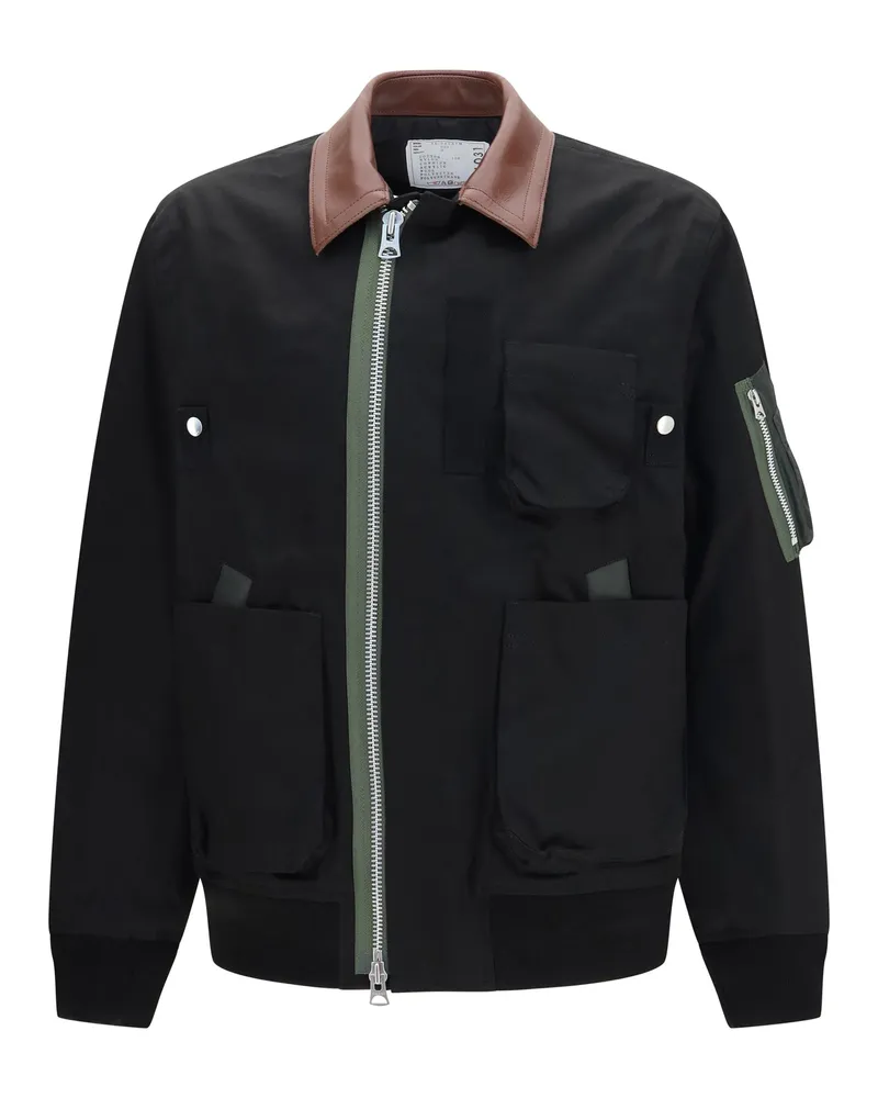 Sacai Cotton Bomber with Leather Collar Jacket — Black Black