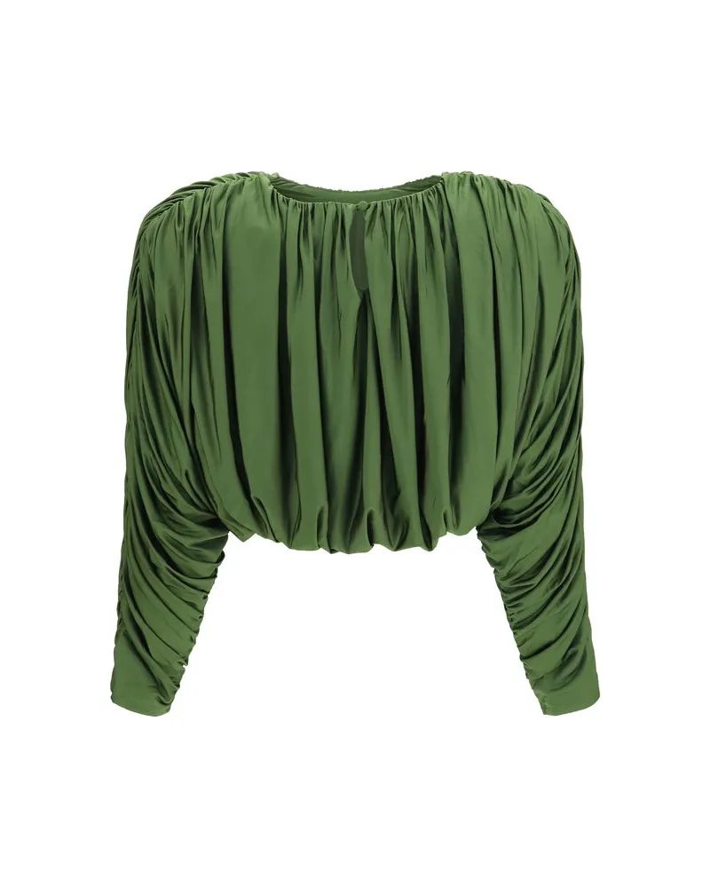 Self-Portrait Viscose Cropped Blouse — Green Green