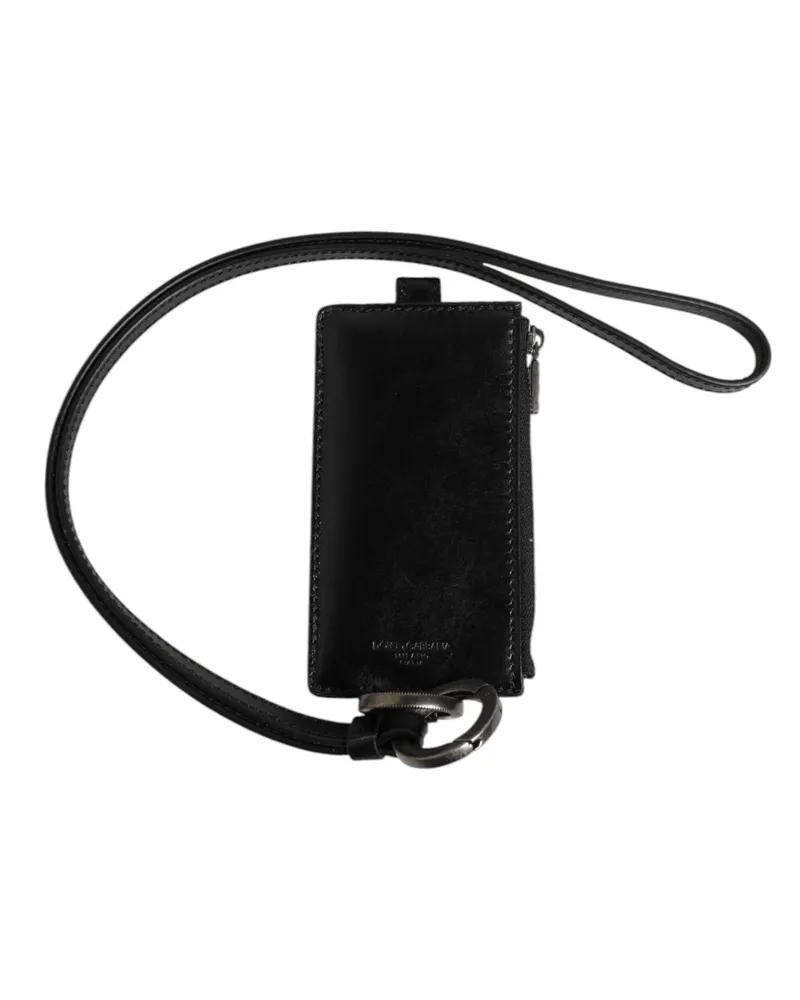 Dolce & Gabbana Men's Black Leather Logo Embossed Lanyard Card Holder Wallet Horse Black