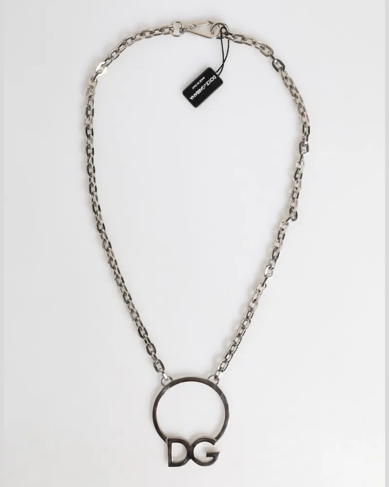 Dolce & Gabbana Silver Tone Brass Chain Dg Logo Pendant Men Necklace Real Zamak Silver