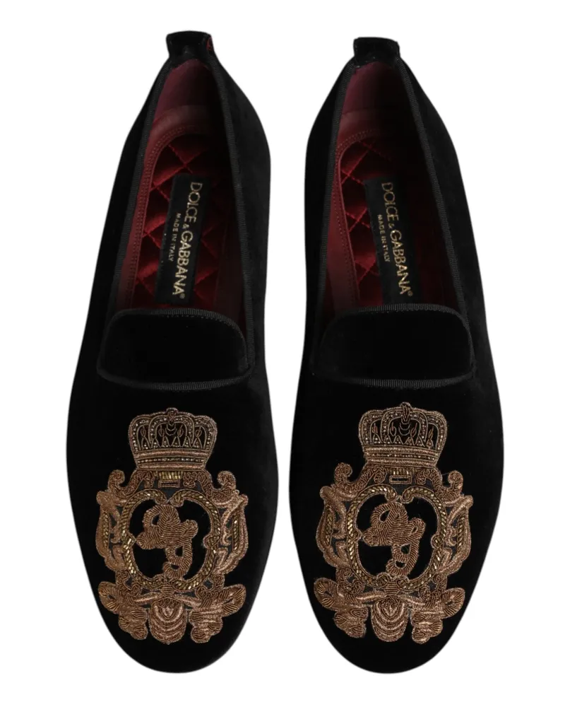 Dolce & Gabbana Black Velvet Gold Crown Mens Loafers Shoes Black