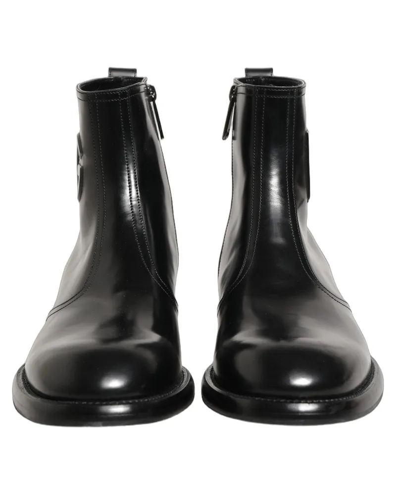 Dolce & Gabbana Men's Black Leather Embossed Logo Ankle Boots Shoes Black