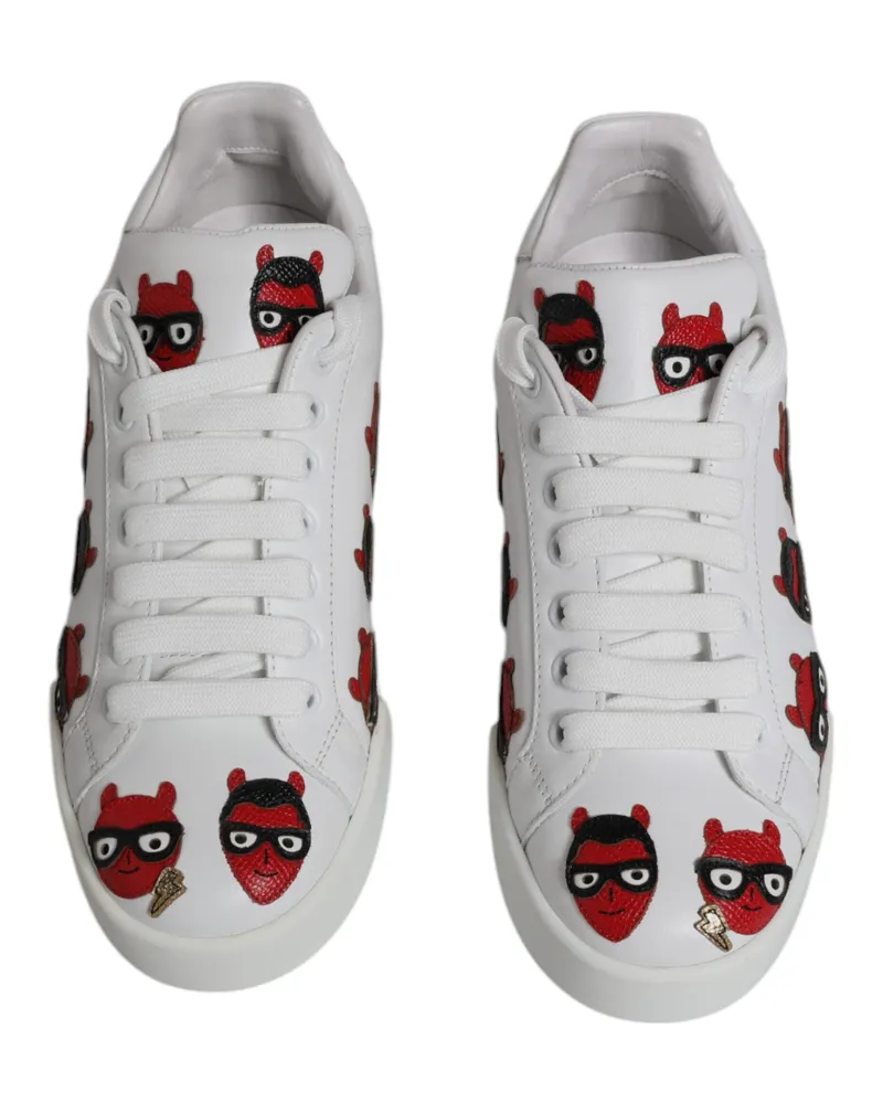 Dolce & Gabbana Women's White Devil Face Portofino Sneakers Shoes And Red Calf Leather White
