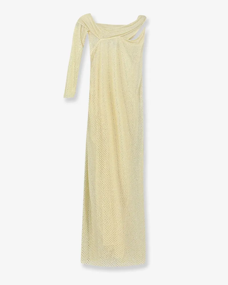 Self-Portrait Women's Midi Dress With Rhinestones, Yellow Polyester Yellow