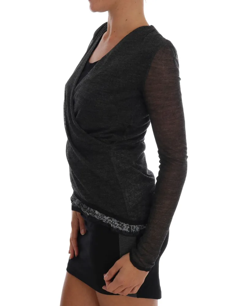 Ermanno Scervino Wool Lace with Transparent Sleeves Blouse — Gray Gray