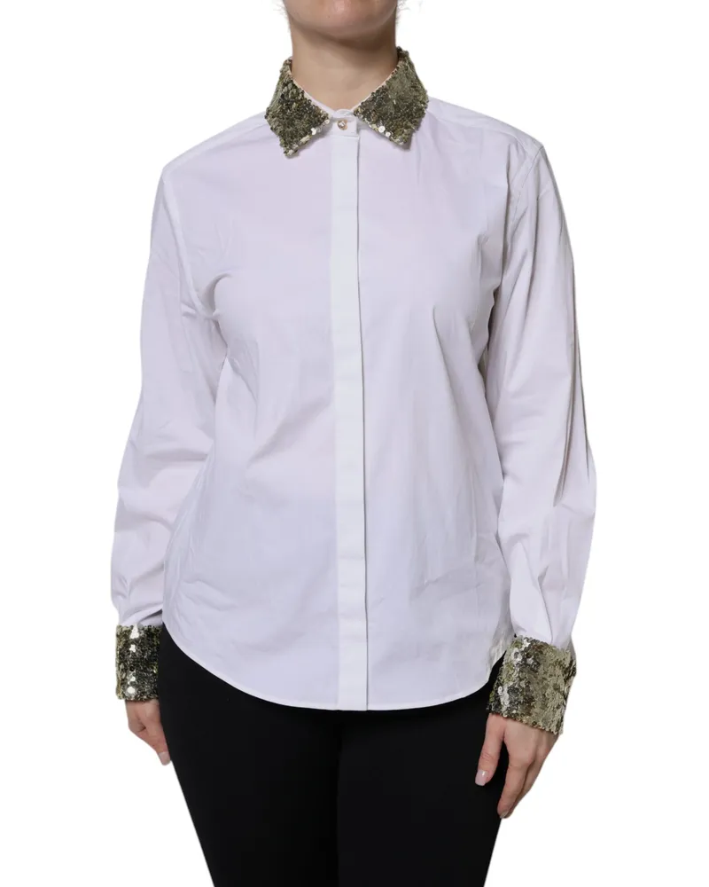 Dolce & Gabbana Women White Cotton Long Sleeves Sequin Shirt Top Polyester Elastane White