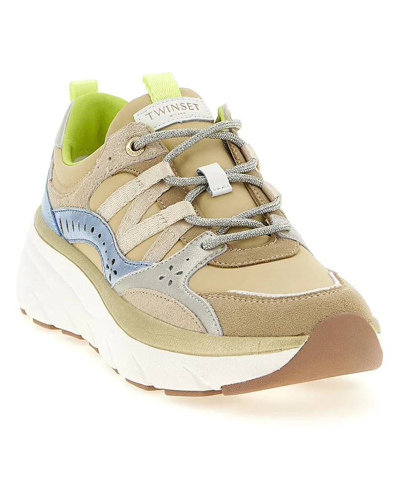 Twin-Set Mixed-Material Colorblock Sneaker — Beige Beige
