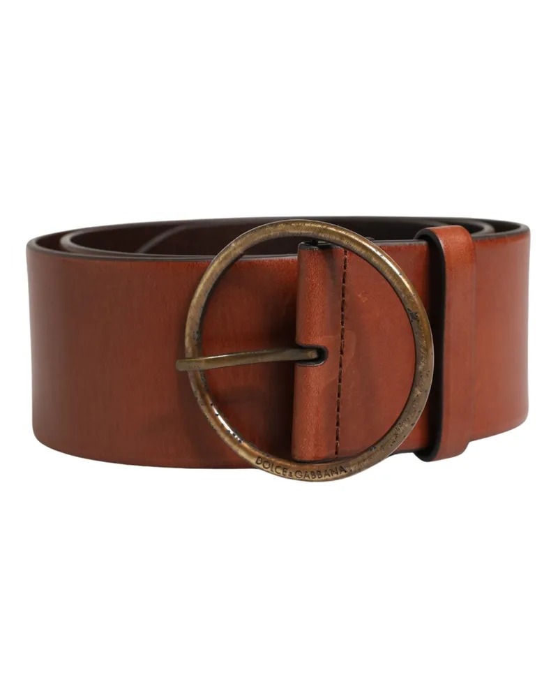 Dolce & Gabbana Men Brown Leather Wide Waist Metal Round Buckle Belt Brown