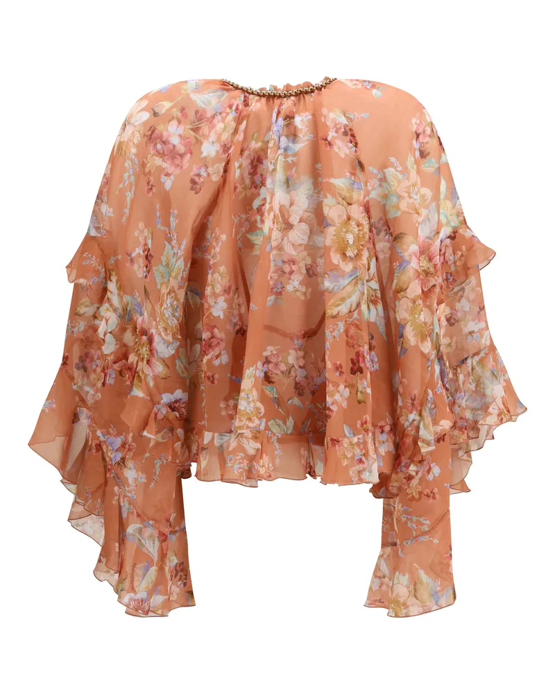Zimmermann Women's Ruffle Blouse Chambray -floral Cotton; Silk Shirt Orange