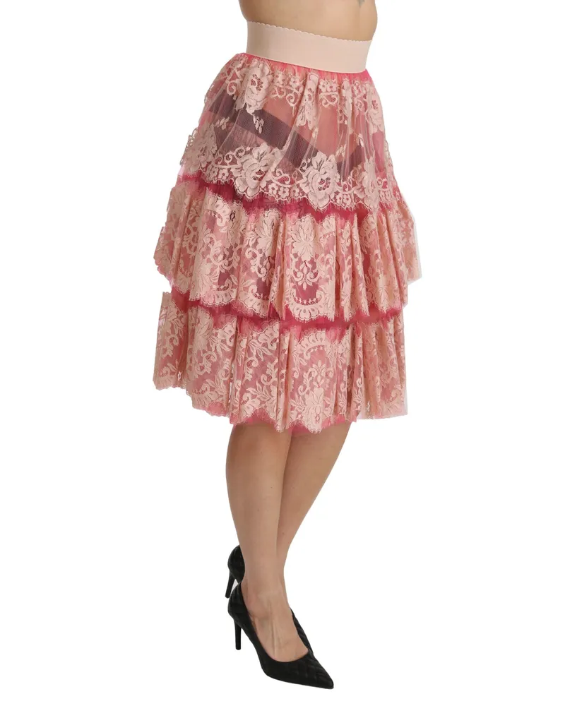 Dolce & Gabbana Women Pink Lace Layered High Waist Knee Length Skirt Nylon Cotton Pink