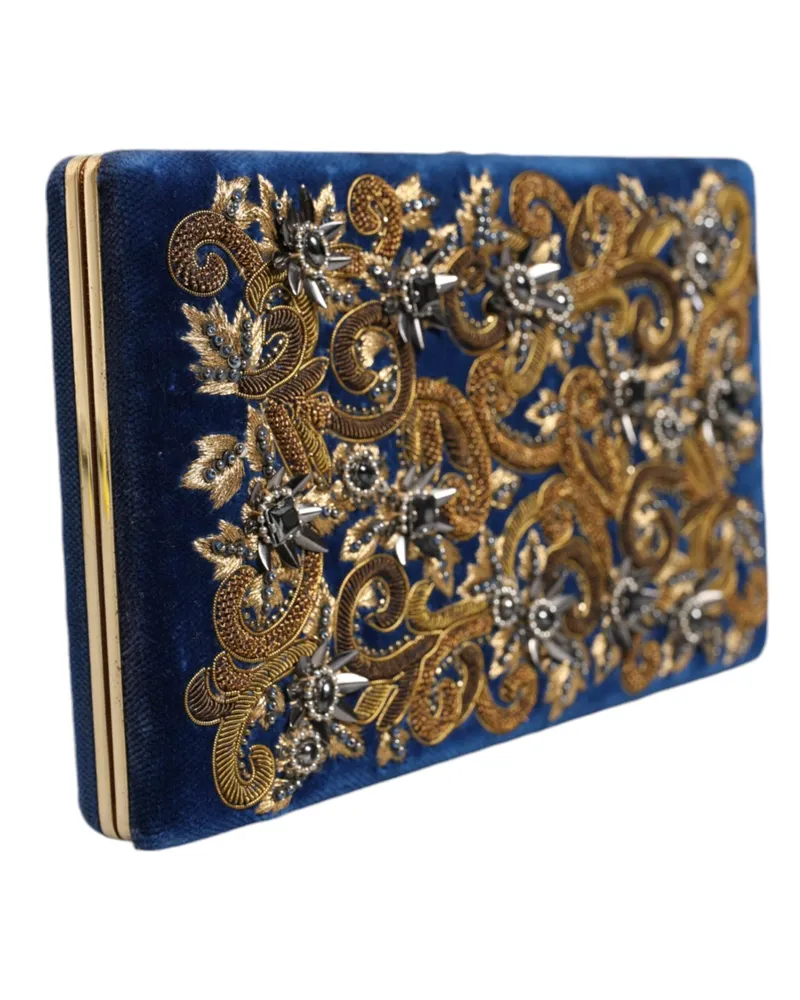 Dolce & Gabbana Women's Blue Velvet Gold Frame Clutch Evening Party Purse Bag Cotton Navy