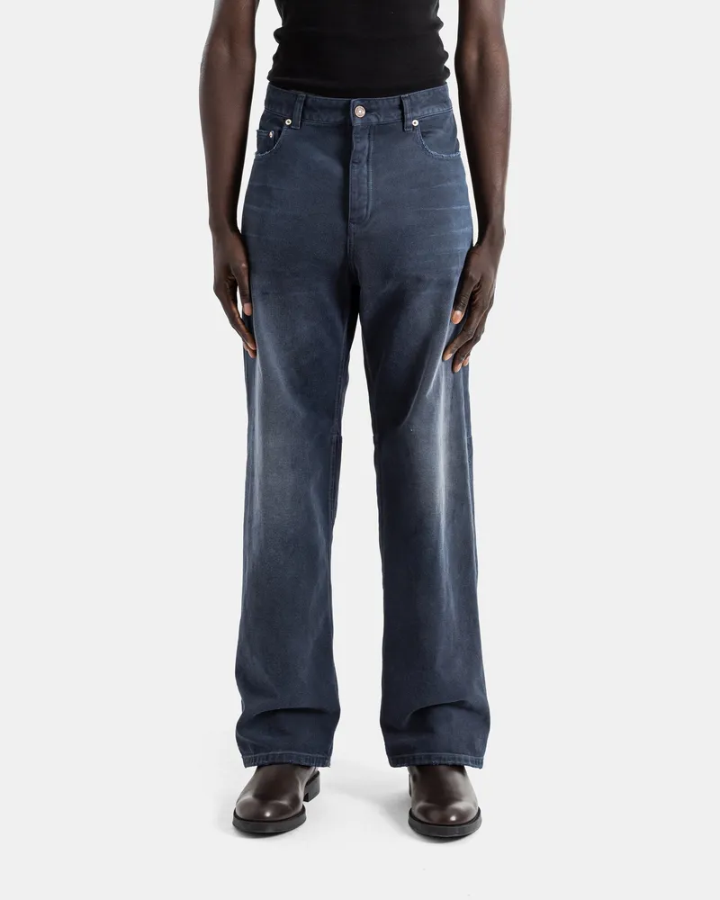 Balenciaga Men's Curved Knee Jellyfish Overdyed Midnight Blue Jeans Blue