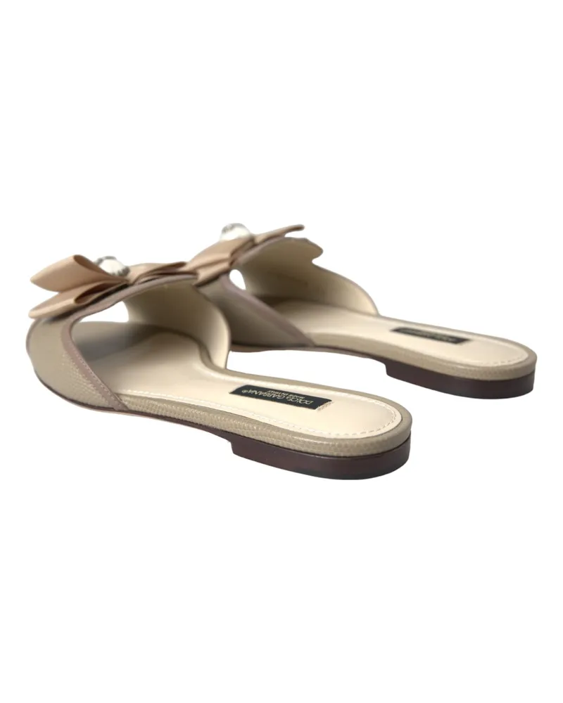 Dolce & Gabbana Women's Beige Logo Pearl Flats Sandals Slides Shoes Leather Beige