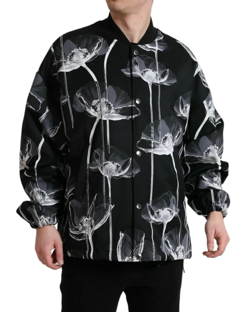 Dolce & Gabbana Men's Black Floral Print Wool Button Down Bomber Jacket Virgin Clothing Black