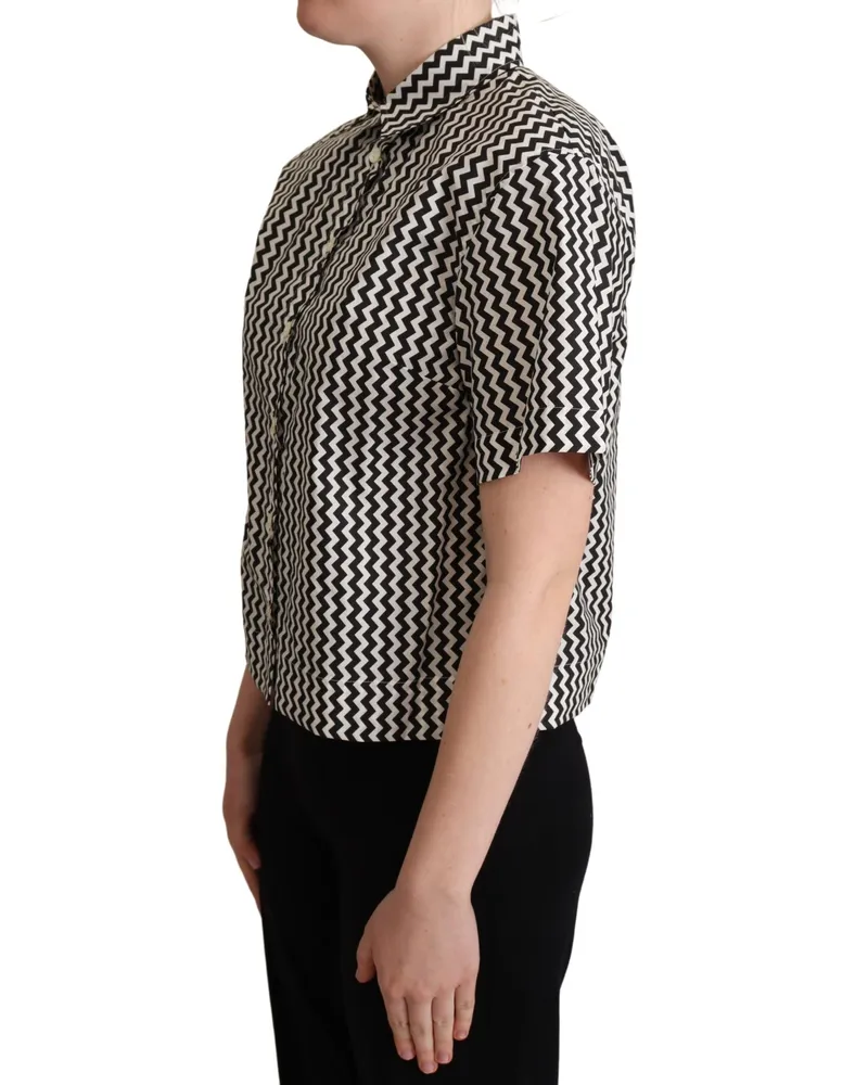 Dolce & Gabbana Women's Black White Zigzag Collar Cotton Top Shirt Black