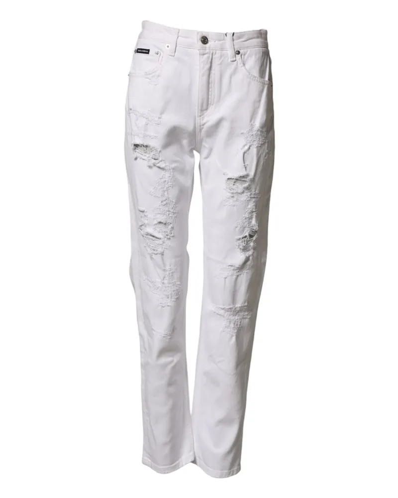 Dolce & Gabbana Women White Distressed Cotton Boyfriend Denim Jeans Co+02 Clothing White