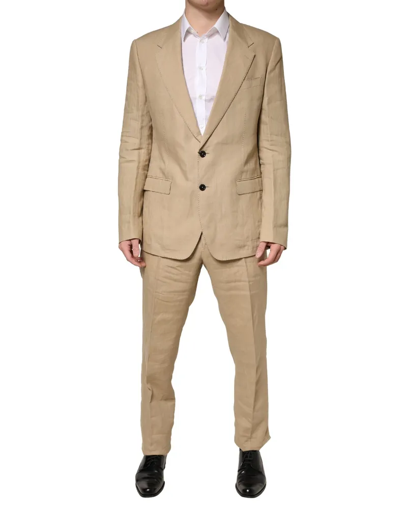 Dolce & Gabbana Men's Beige Taormina Single Breasted Formal 2 Piece Suit Linen Beige