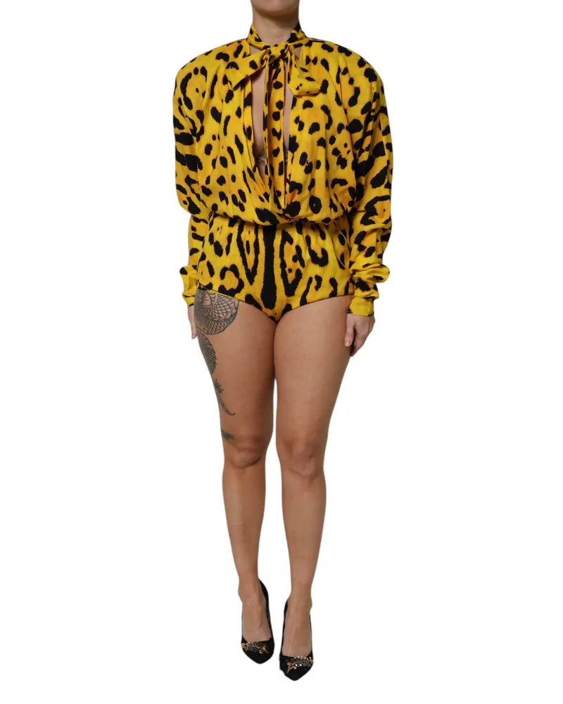 Dolce & Gabbana Women's Yellow Leopard Long Sleeves Jumpsuit Dress Silk Elastane Polyester Yellow