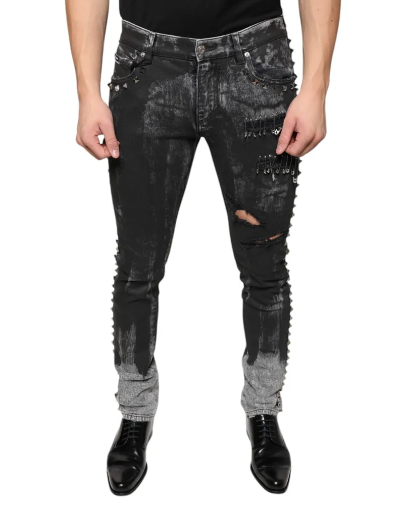 Dolce & Gabbana Men's Black Embellished Cotton Skinny Denim Jeans Elastane Clothing Black