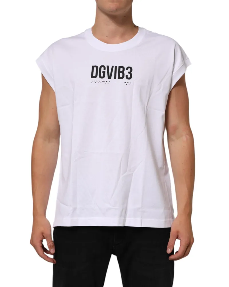 Dolce & Gabbana Men's White Cotton Sleeveless Printed Tank T-Shirt White