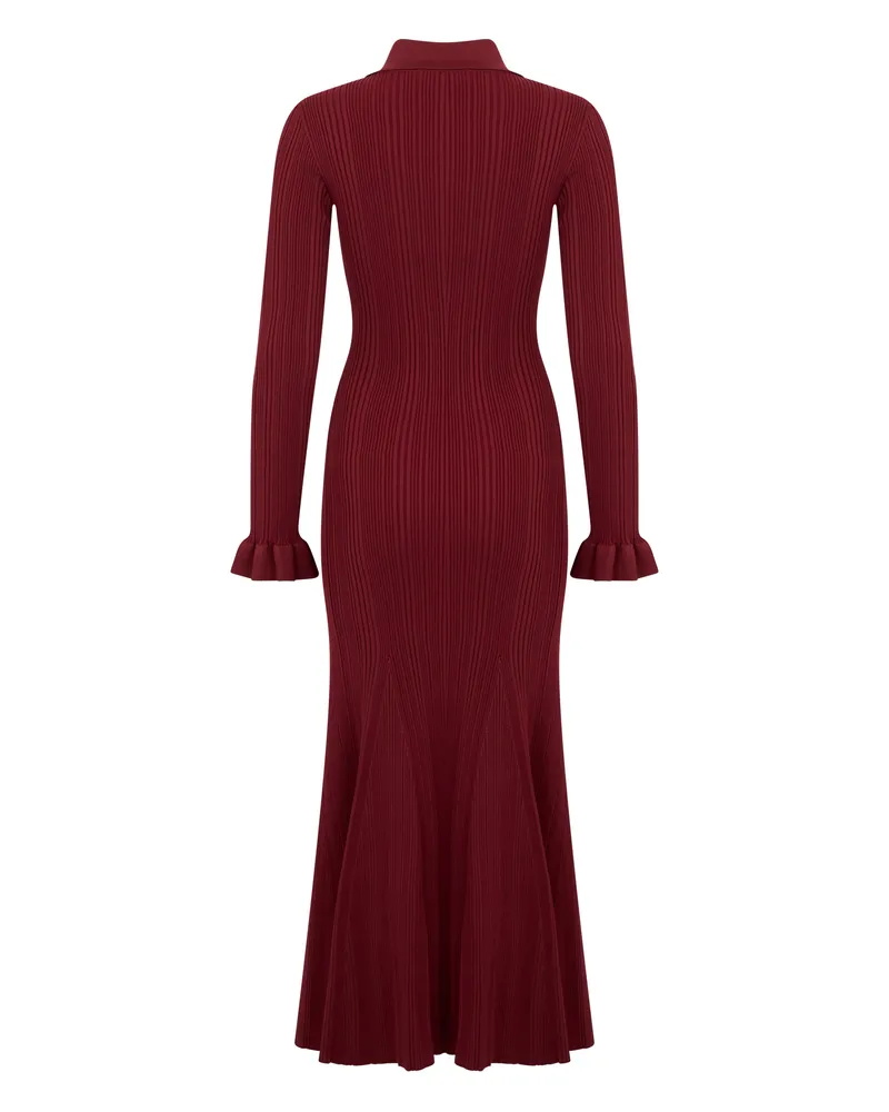 Self-Portrait Ribbed Long-Sleeve Dress — Burgundy Burgundy