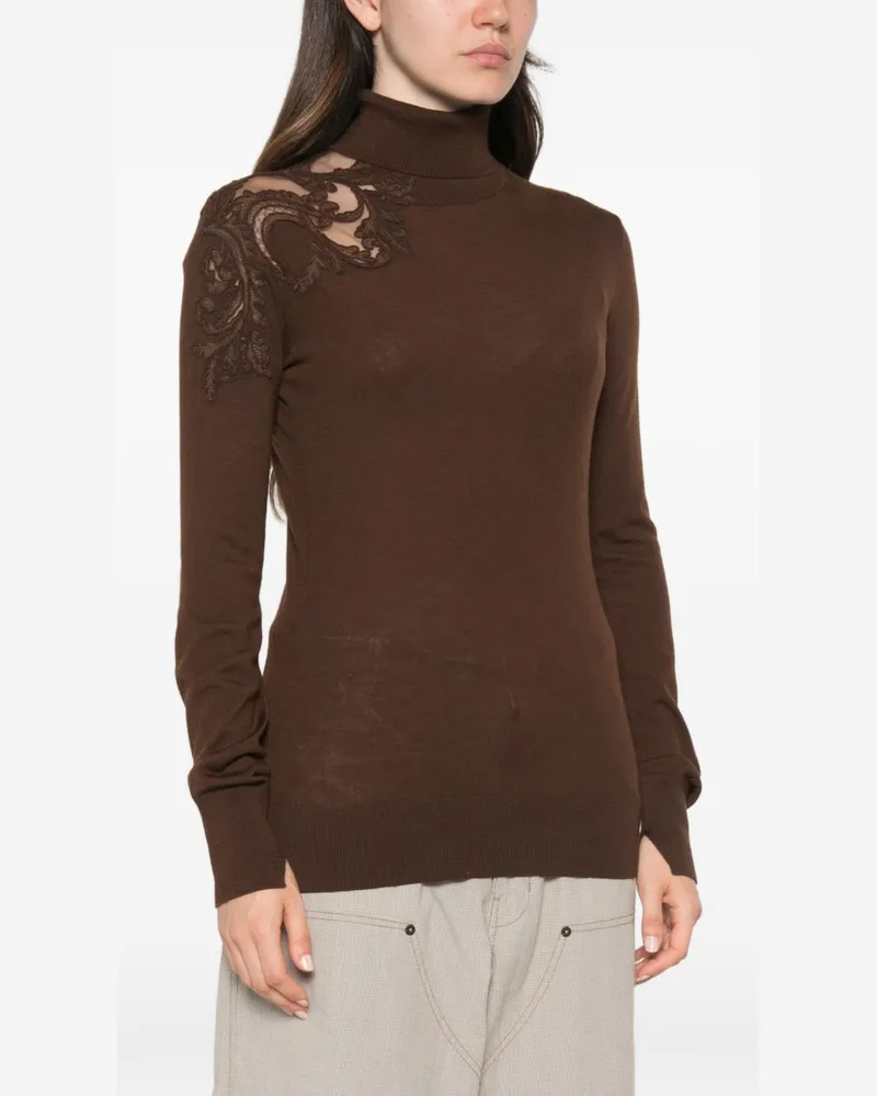 Ermanno Scervino Lace-Panelled Wool Sweater — Brown Brown