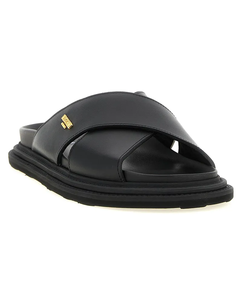 Moschino Calf Leather Crossed-Band Slide — Black Black