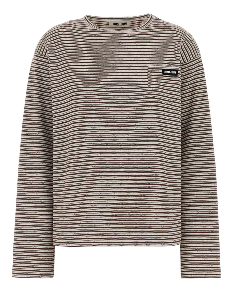 Miu Miu Striped Cotton-Silk Blend T-Shirt — Beige Beige