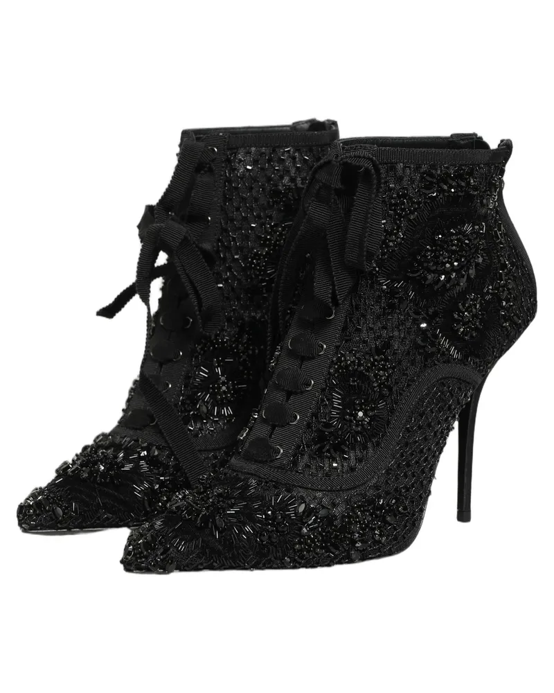 Dolce & Gabbana Women's Black Embellished Mesh Ankle Boots Shoes Black