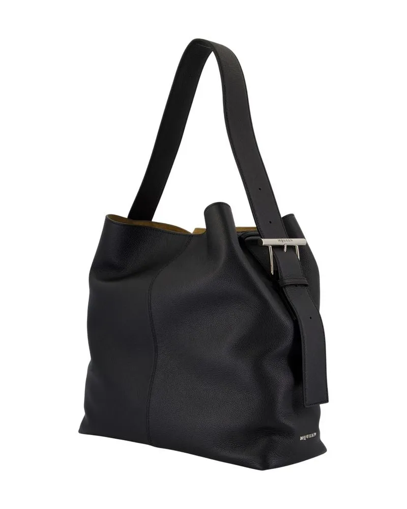 Alexander McQueen Women's T-Bar Sling Shopper Bag -  Leather Black Calfskin Totes-Shopping-Bags Black