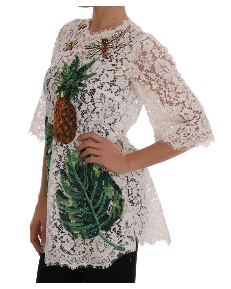 Dolce & Gabbana Women's White Crystal Embellished Lace Blouse Nylon White