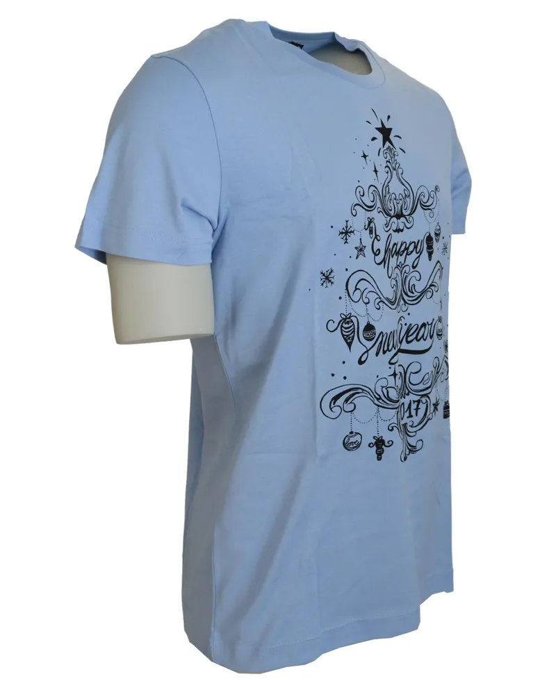 Dolce & Gabbana Men's Light Blue Happy New Year 2017 Cotton T-Shirt Blue