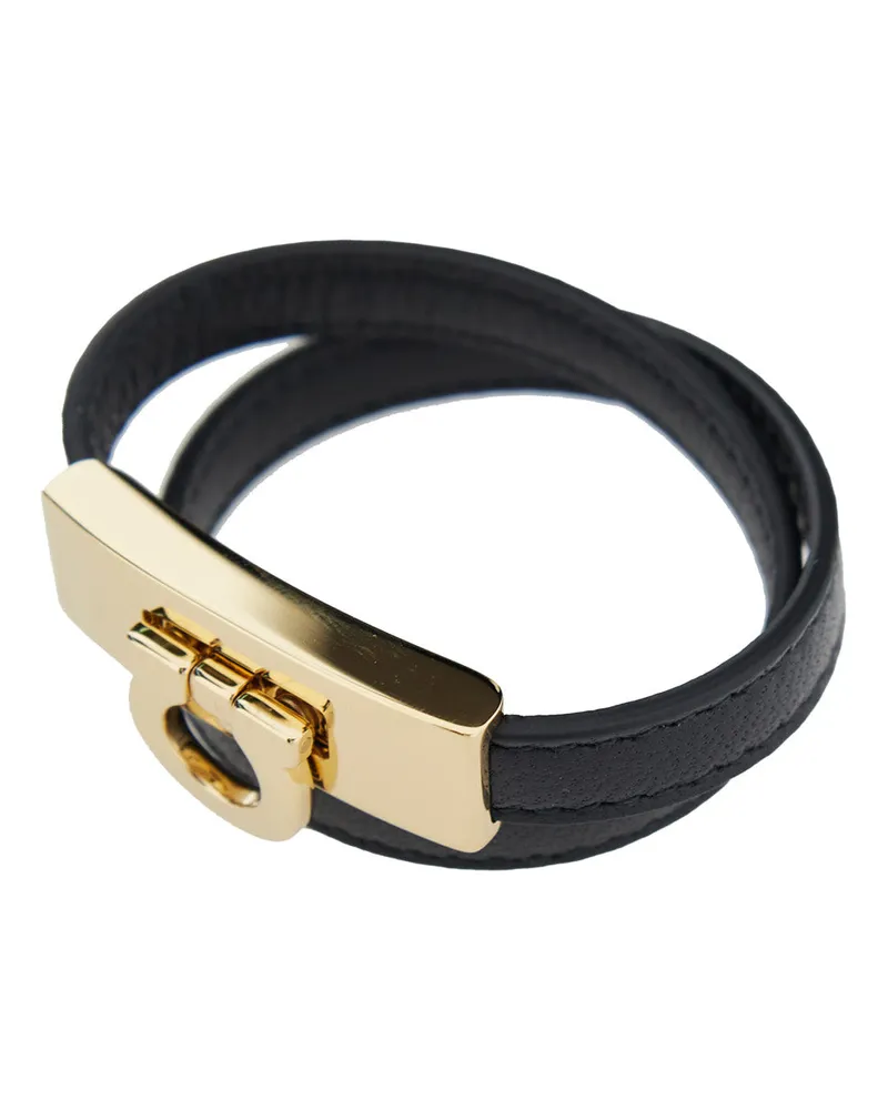 Ferragamo Women's Bracelet Double Wrap Gancini Black Leather Lamb Bracelets Black