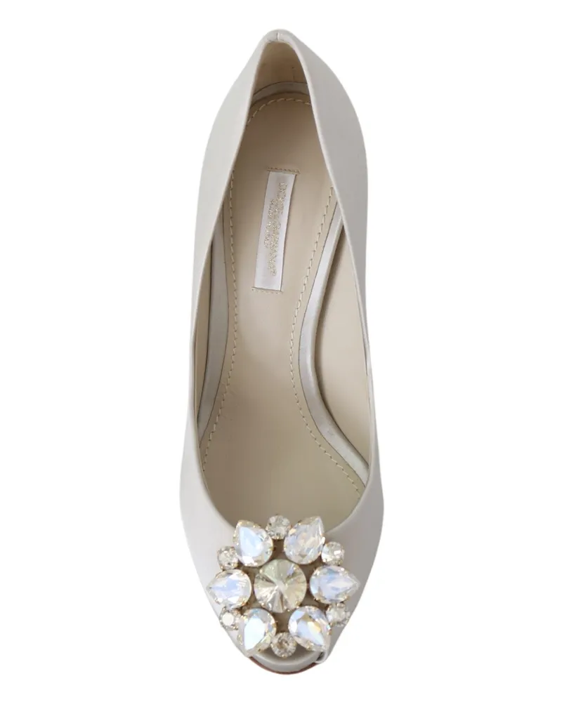 Dolce & Gabbana Women's White Crystals Peep Toe Heels Satin Pumps Shoes Viscose Silk White