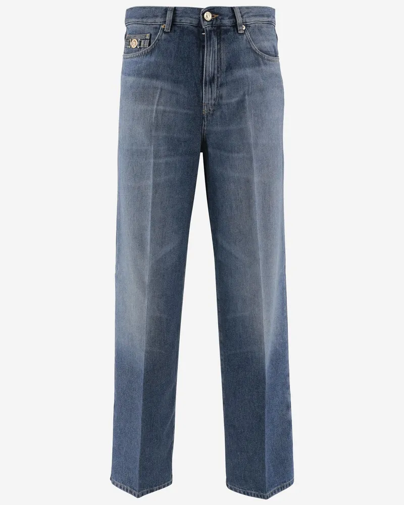 Versace Men's Jeans Biggie Jellyfish Denim Lyocell; Trim: Calf Leather Trousers Blue