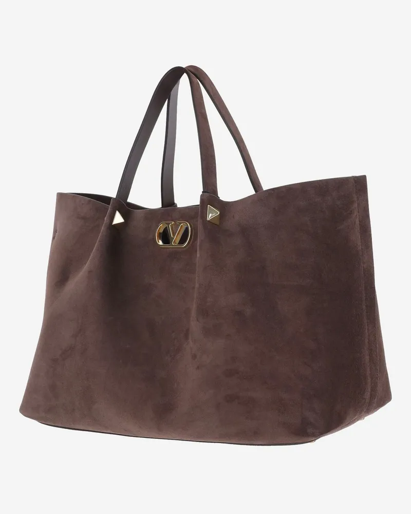 Valentino Garavani Suede Rockstud Shoulder Bag — Brown Brown