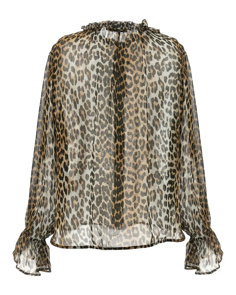 Ganni Leopard Print Chiffon Tie String Shirt Beige