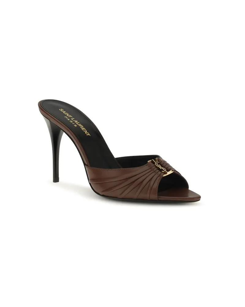 Saint Laurent Women's Brown Calf Leather Bos Taurus Mules Brown